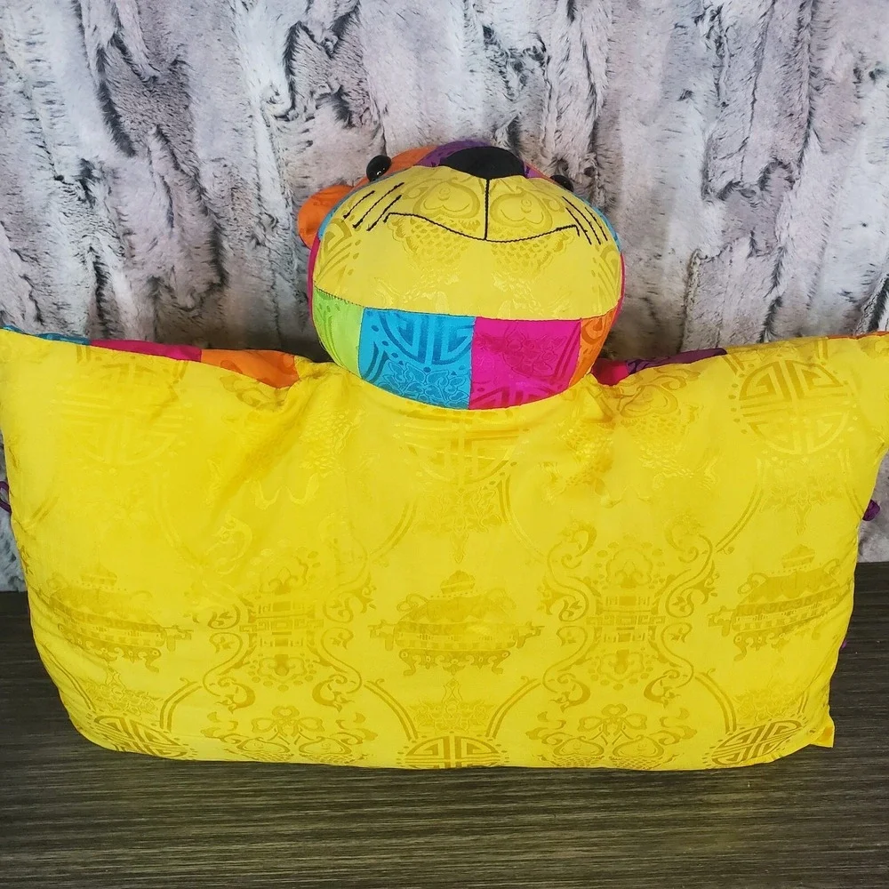 Quilted Asian Nylon Brocade Cat Pillow With Plush Kitty Head‎ PATCHWORK BRIGHT